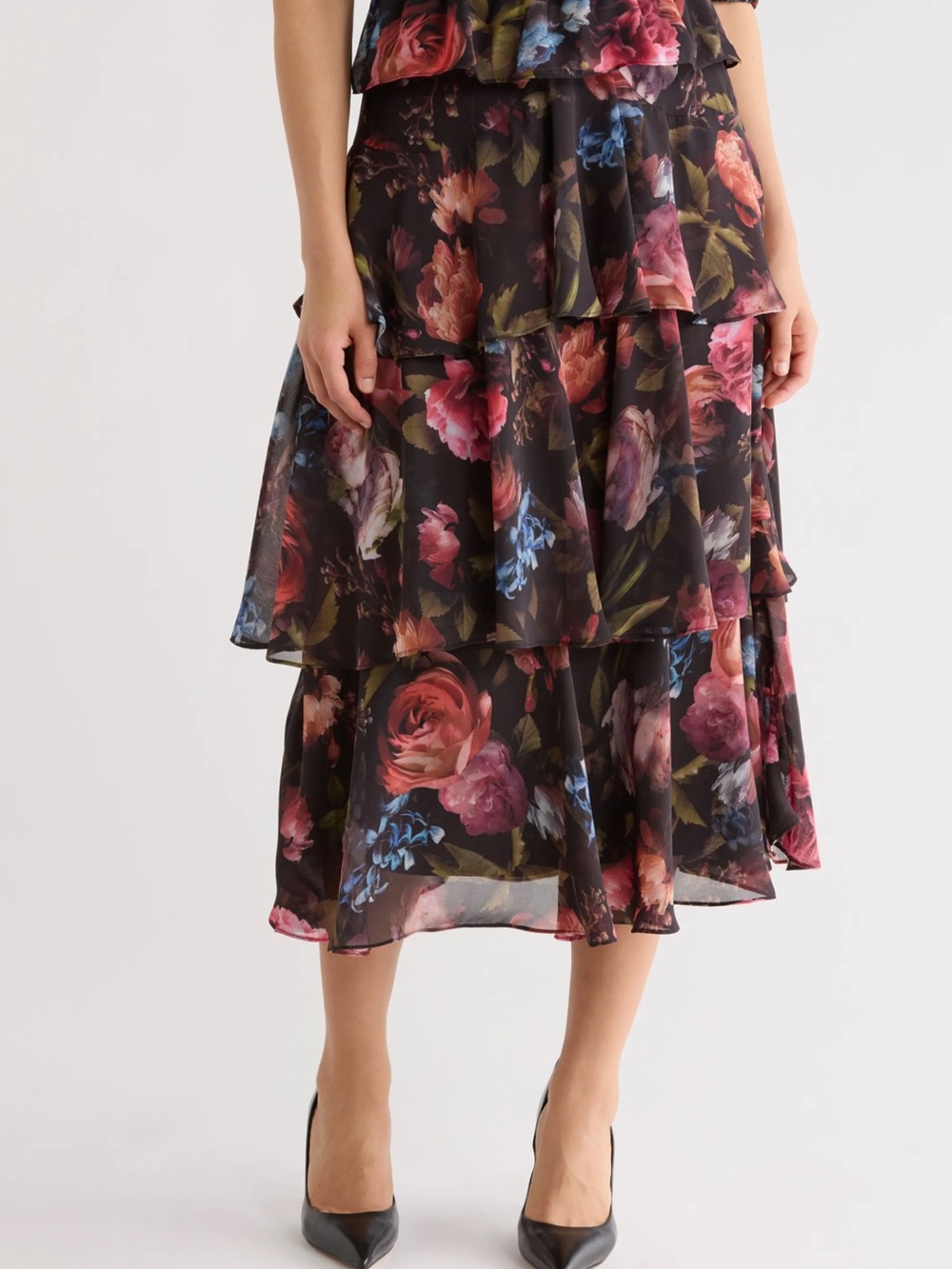 Tahari Black Floral Tiered Midi Skirt with Rose Print